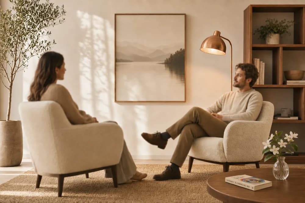 Espacio de escucha presencial con dos personas en diálogo empático